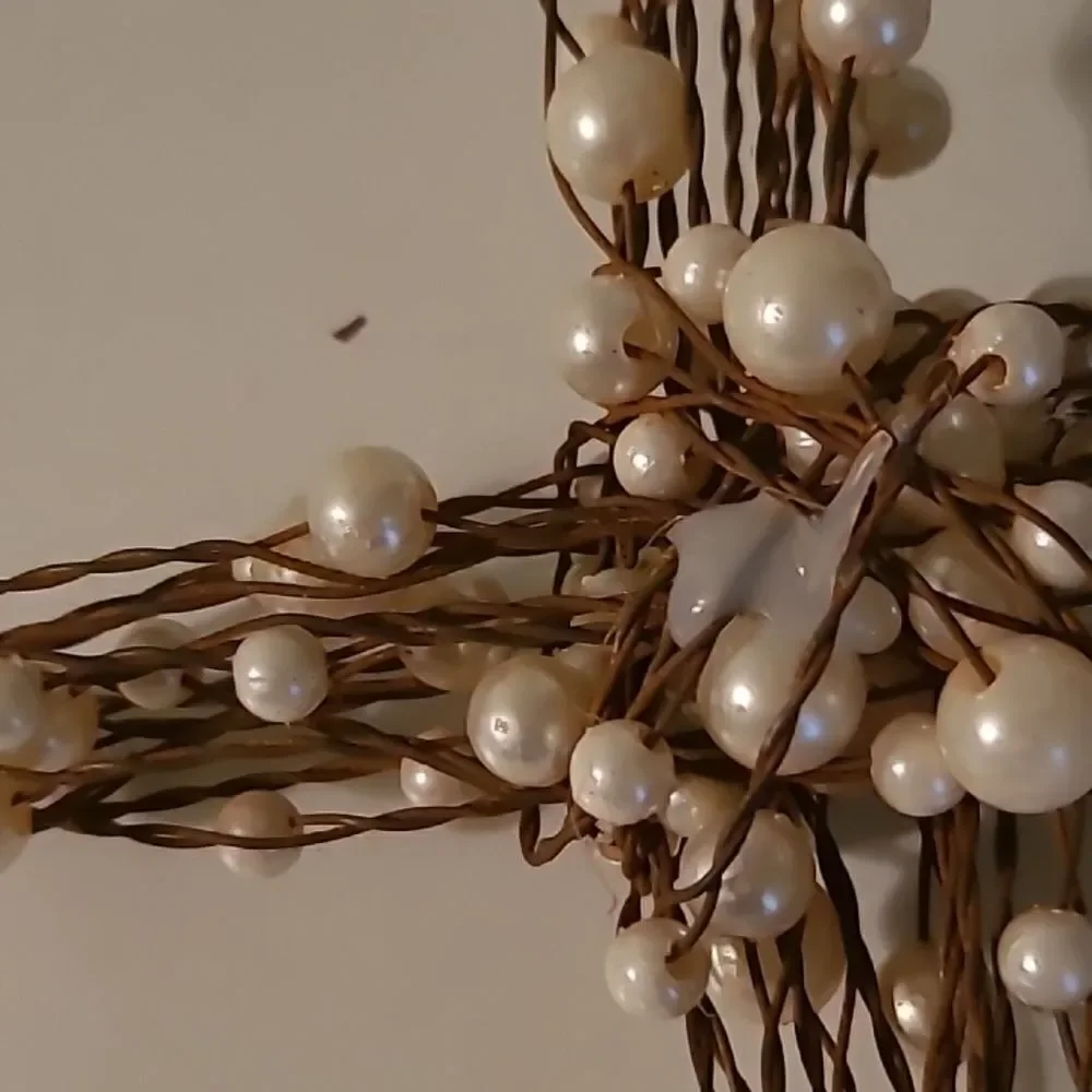 Elegant Pearl-Embellished Wire Cross Ornament